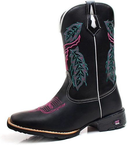 Bota Texana Feminina Cano Alto Rodeio Em Couro Com Bordado De Boi Bico Quadrado RR Botas