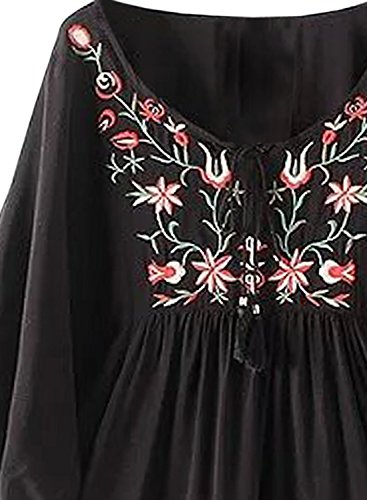 Futurino Women's Bohemian Embroidery Floral White Tassel Accents Shift Mini Dress,Black,Medium #TOP3
