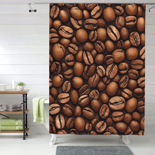 Rideau de douche imperméable avec 12 crochets et motif grains de café torréfiés