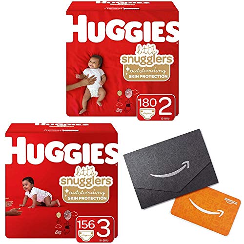 Image of Huggies Little Snugglers Baby Diapers, Size 2, 180 Ct & Size 3, 156 Ct, One Month Supply with Gift Card