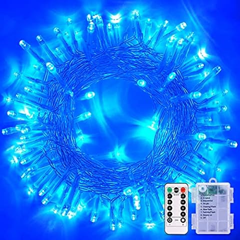Blue Battery Operated Christmas Lights, JMEXSUSS 33ft 100 LED Battery Operated String Lights, Twinkle Fairy Mini Lights with 8 Modes Remote Indoor Outdoor Waterproof Cover