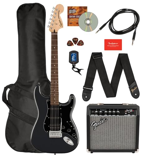 Fender Squier Affinity Stratocaster HSS Pack - Charcoal Frost Metallic Bundle with Frontman 15G Amplifier, Gig Bag, Tuner, Strap, Cable, Picks, Online Lessons, and Austin Bazaar Instructional DVD