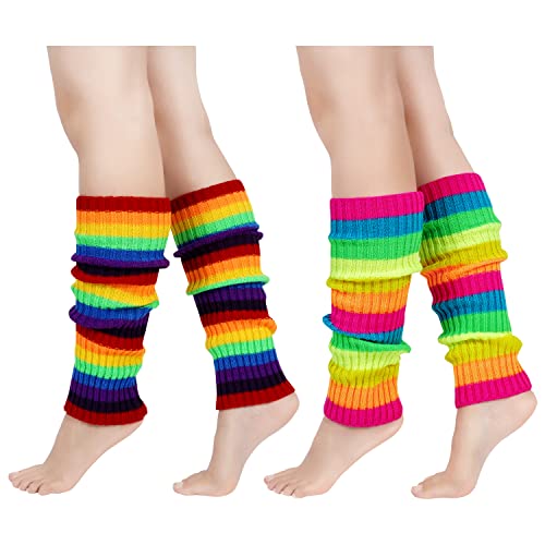 Junely 2 Pairs Leg Warmers for Women 80s Ribbed Knit Leg Warmer Pack for Ballet Dance Figure Skating Yoga Party Neon