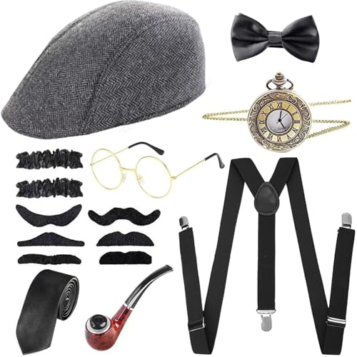 Aikooyc Accessoires Homme Tenue des Années 20 1920s Accessoires Carnaval Costume Homme Année 20 avec Chapeau Barbes Cravate Bretelles Noeud Montre de Poche Lunettes