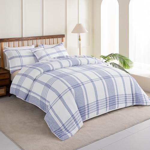 ALPHA HOME 100% Cotton Jacquard Comforter Set Twin Size, 2 Pieces with Comforter & Pillow Shams, Cozy Waffle Weave Bedding Sets for All Season, Royal Blue
