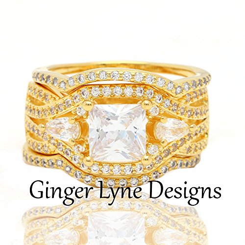 Pat Halo Wedding Ring Set for Women by Ginger Lyne |3 Ring Bridal Set | Gold Plated Engagement Ring with Two Matching Anniversary Bands | Cubic Zirconia Promise or Wedding for Her3
