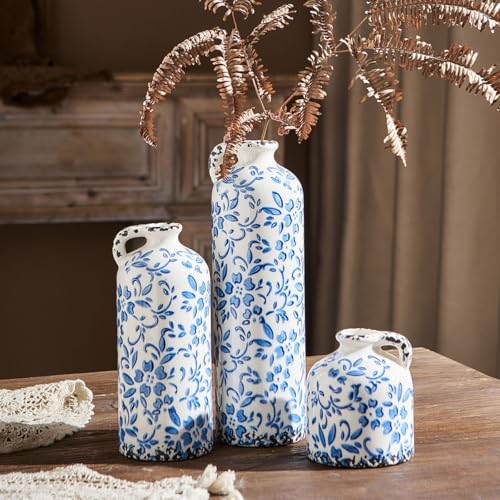 Ceramic Vase Set of 3, Vintage Blue and White Vase,