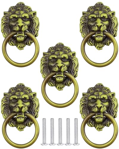 Olldag 5 Pcs Antique Cabinet Drawer Knobs Pulls with Screws, Vintage Bronze Drop Ring Handles Knobs Hardware for Dresser Cupboard Closet Jewelry Box (Lion Head)
