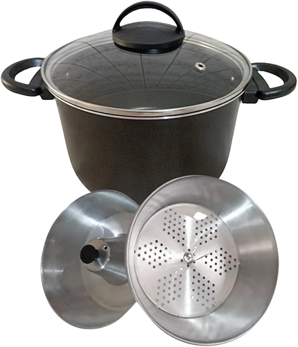 Panela 3 Em 1 Tampa de Vidro Forma Pudim Banho Maria Cozimento Vapor Cuscuz Antiaderente (Preto)