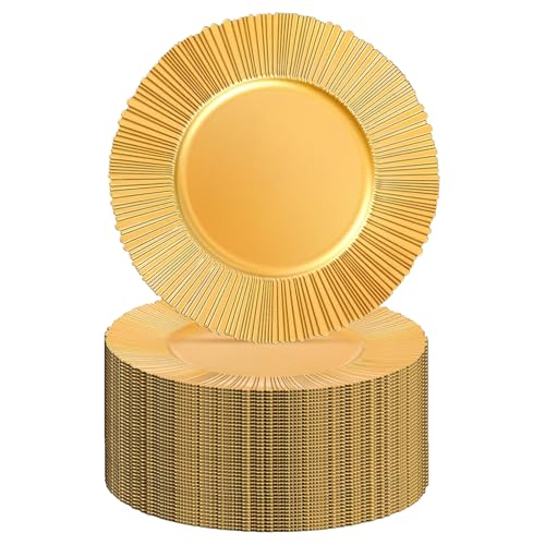 Charger Plates Bulk 13 Inch/Gold Charger Plate 100 pcs 13 in Round Matte Reef Plate Charger Ruffled Rim Dinner Charger Hollow out Flower Holde (100pcs, Gold)