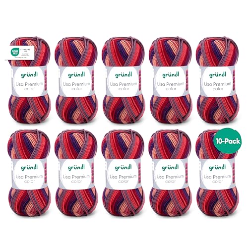Gründl Wolle Lisa Premium color - Garn zum Stricken mit Farbverlauf - Strickgarn - Häkelgarn - Weich und hautfreundlich - 100% Polyacryl 10 Knäuel 50 g / 133 m -Nadelstärke 3 5-4 5 - orangerot-rot