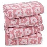 Jacquotha Cotton Hand Towels Pink Checkered Floral - Quick Drying Hand Towel Set of 4, for Women Girls Bathroom Decor, 29” x 13”