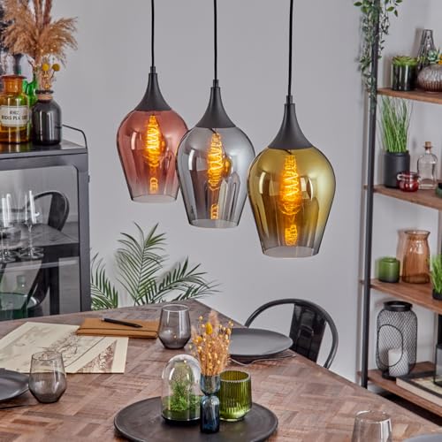 HOFSTEIN Hängeleuchte Lutarp, 3-flammige Hängelampe aus Metall/Glas in Schwarz/Kupfer/Rauch/Gold, Vintage-Design (Ø 18cm), E27, Pendelleuchte höhenverstellbar bis 119cm, Esszimmer, Wohnzimmer, Küche