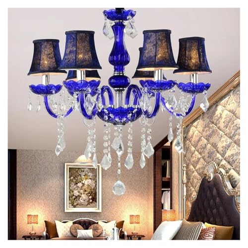 Lvrodxz Blauer Kristall-Kronleuchter für Kinderzimmer, Café-Dekoration, Lampe, kleine Küchenleuchte, Glas für Beleuchtungskörper, Hängeleuchte (6 Arme mit Schirm)