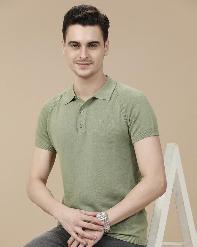 Image of Cavallo by Linen Club Men's Blended Linen Green Solid Contemporary Fit Half Sleeve Polo Neck T-Shirt