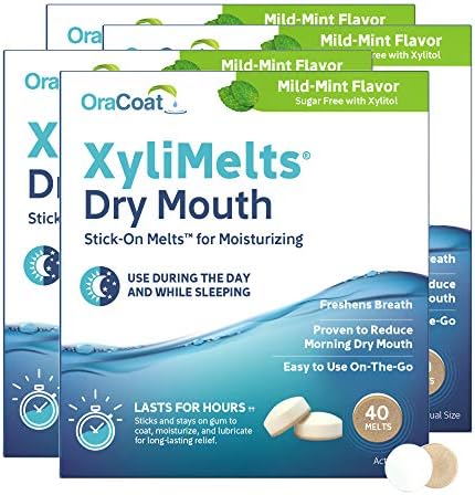 Oracoat XyliMelts for Dry Mouth Night Time or Day - Moisturizing Dry Mouth Adhering Discs, Sugar Free with Xylitol, 40 Count - Pack of 4, Mild Mint Flavor, 8-Hour Relief