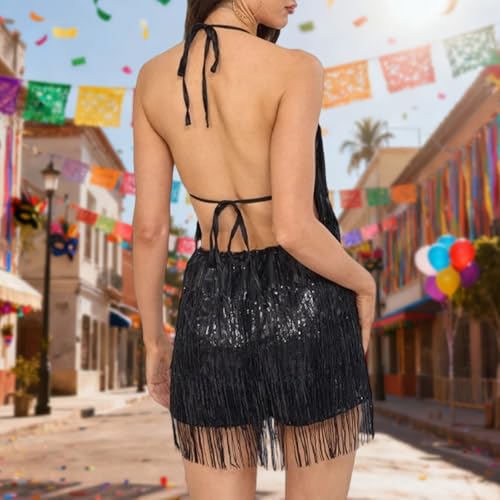 Image of Women's Sequin Fringe Romper Jumpsuit Backless Shorts Dress Sparkly Glitter Jumpsuits Disco Outfit Nightclub Party