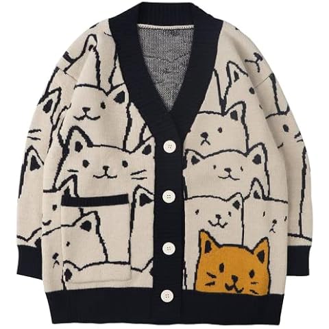 Aelfric Eden Cardigans for Women Cat Pattern Cardigan Sweaters Cartoon Oversized Knit Pullover Cardigan with Pockets Outwear Navyblue Cover