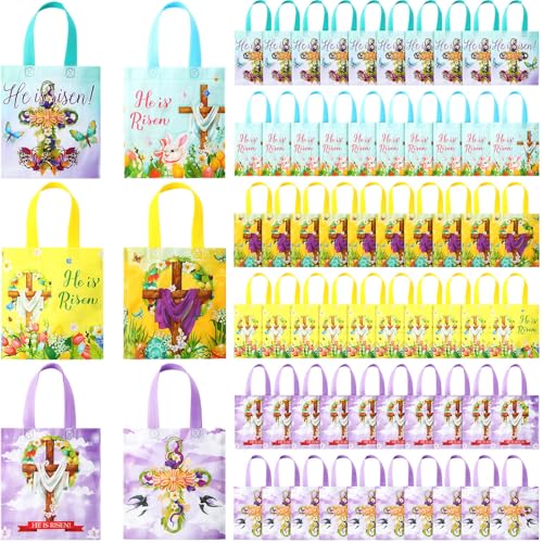 Wesnoy 150 Pcs Easter Gift Bags Bulk He Is Risen Religious Easter Bags with Handles Reusable Non Woven Treat Baskets for Church Goodie Party Supplies
