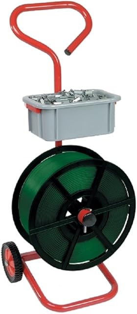 Heavy Duty Strong Metal Mobile Trolley Cart Stand On Wheels For Pallet Strapping Banding Coils + Removable Accessory Bucket For Tools/Seals Etc