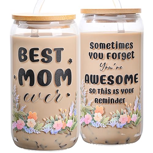 Gifts for Mom Mothers Day Birthday Christmas gifts for Mom from Daughter Son Unique Gift Ideas for Mama Mother Gift for New Moms Mothers Coffee Glass Cup Mug Jar 16 Oz