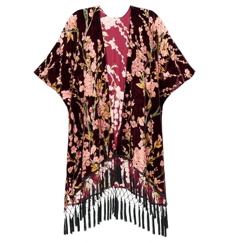 USHOWHEY Burnout Velvet Kimono Cardigan for Women with Tassels Elegant flower pattern Swimsuit Cover-Up Deep Red 1 Size Fits All