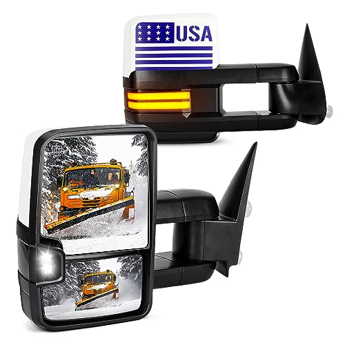 Towing Mirrors Flag Fit For 2008-2013 GMC Sierra Chevrolet Silverado Avalanche Suburban Tahoe Yukon (2007 New Body Style) w/Power Heated Turn Signal Running Light Set of 2