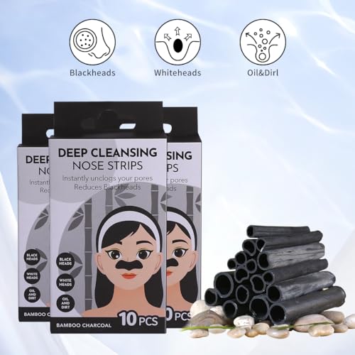 Image of MINISO 30Pcs Nose Strips for Blackheads Remover Whitehead Remover, Deep Cleansing Skin Care Nose Pore Cleanser Strips, Bamboo Charcoal