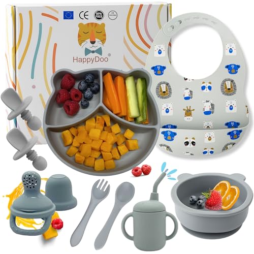 Happydoo Vajilla Bebé Silicona 12 Piezas | Plato Dividido Con Ventosa + Bol + Vaso + Cubiertos + Babero + Chupete Fruta | Antideslizante, Blw, Libre Bpa | Apto Microondas Y Lavavajillas | Regalo Bebé-image