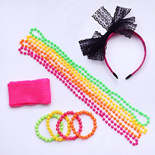 Dreamtop 80s Neon Necklaces and Bracelets Fishnet Gloves Bow Headband for 1980s Theme Party Supplies,Set of 11 (A)