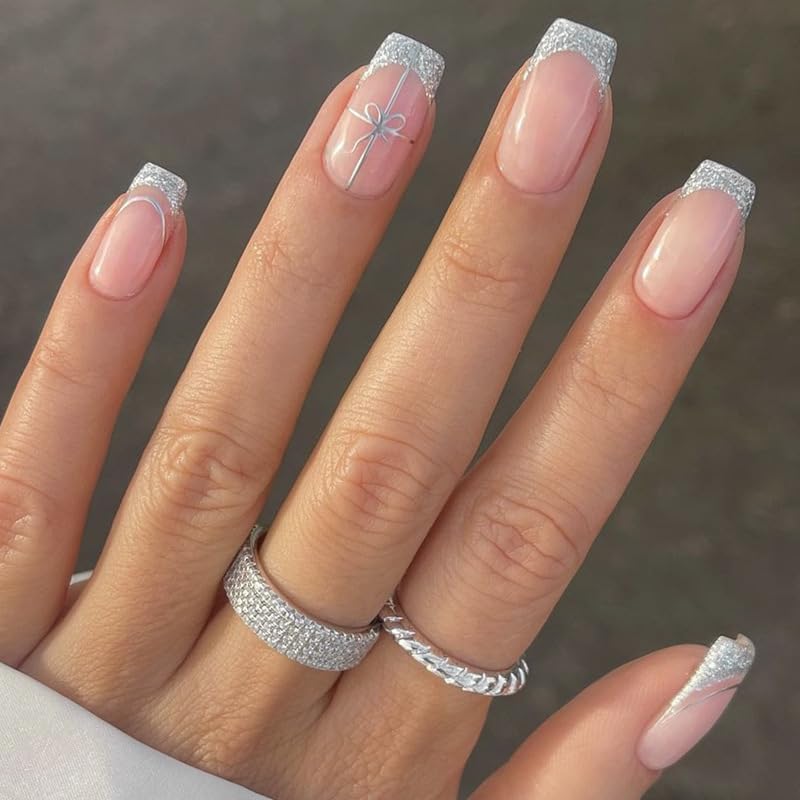 French Tip Press on Nails Short Square Fake Nails Silver Glitter Glue on Nail with Designs Gift Acrylic Nails Christmas False Nails Full Cover Stick