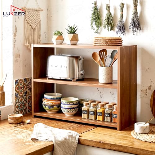 Image of Lukzer 3 Tier Wooden Kitchen Organizer Rack | Multipurpose Storage Shelf for Toaster, Spice & Utensils | Space Saving Bedside Bookshelf, Shoe Stand for Home & Office (SR-004 /Oak Brown)
