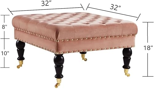 Miniatura 2 de 24KF - Mesa de café cuadrada, grande y copetuda estilo otomana, tapizada en terciopelo con botones capitoné banco reposapiés grande con ruedas