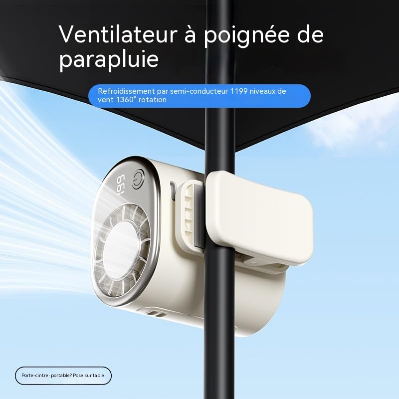 Ventilatore portatile USB a morsetto, multifunzione per ombrello, dimensioni ufficio esterno, schermo digitale batteria indicatore, silenziatore leggero ricaricabile, 3 velocità regolabile