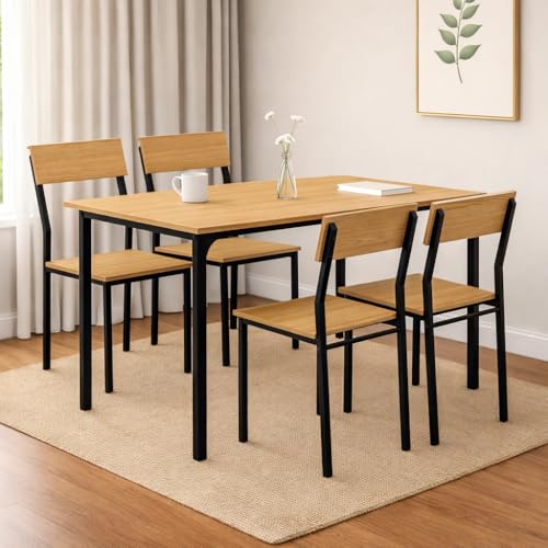 Image of Dining Table Set of 4, 4 Seater Dining Table with Chairs, Engineered Wood Top & Metal Frame, Space Saving Compact Rectangular Dining Table Set for Home, Kitchen, Office (Gold Oak- DIY)