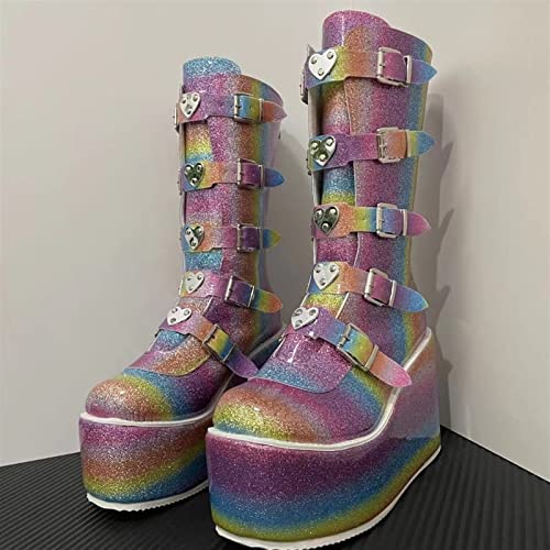 YDYCG Winter Big Size 43 Black Gothic Style Cool Punk Motorcycles Boots Female Platform Wedges High Heels Calf Boots Women Shoes (Color : White, Shoe Size : 7.5)2