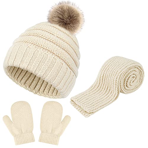 Hicdaw Kids Winter Hats Gloves Scarf Set Baby Mittens Gloves with Pompom Baby Winter Hat Toddler Beanie Hat for Boy Girl