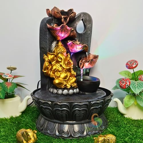 Image of Ganehsa Decorative Table Top Water Fountain for Home Decor /Office /Indoor & Outdoor /Garden /Puja Room /Vaastu with Multicolor LED Light and Adjustable Water Pump (Black & Gray D-22)