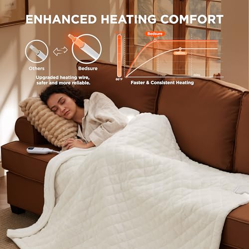 Image of Bedsure Heated Blanket Throw Blanket - Quilted Electric Blanket, Soft Flannel Thick Heating Blanket with 4 Time Settings & 6 Heating Settings, Warm Gifts for Women Men (50x60 inches, Ivory)