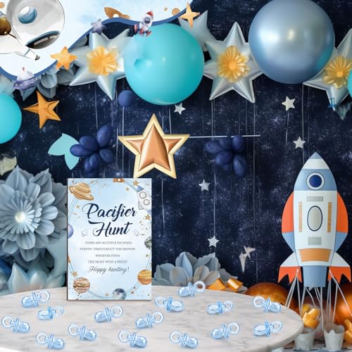 Image of Thyle 51 Pcs Outer Space Baby Shower Games Planets Pacifier Hunt Include Galaxy Solar System Hunt Sign and 50 Acrylic Pacifiers for Astronaut Baby Shower Game over The Moon Gender Reveal Party Decor