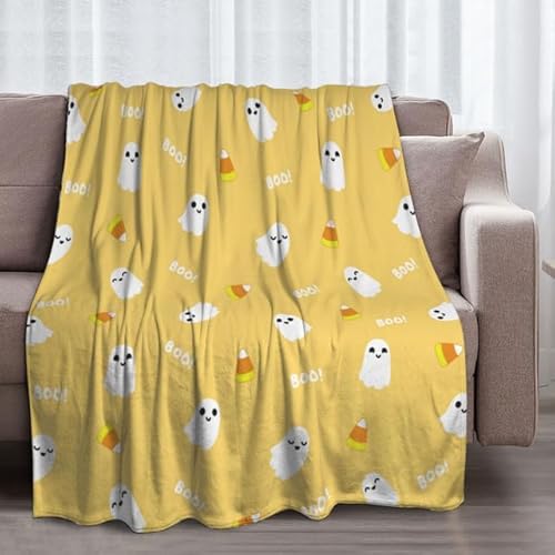 GardEssere Couverture en flanelle douce et moelleuse pour adultes et enfants, motif fantôme mignon, jaune, 130 x 150 cm