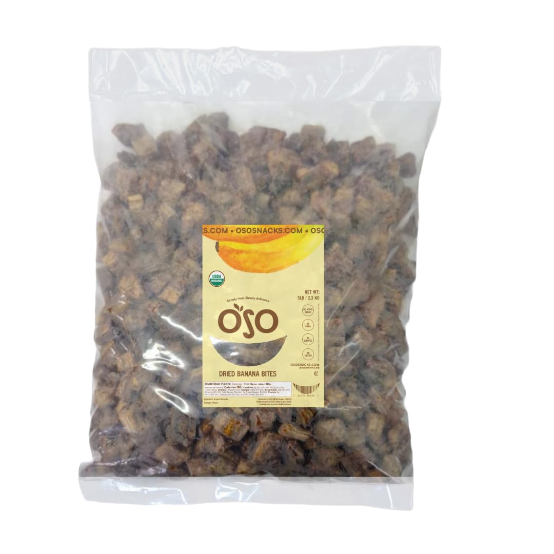 Oso Snacks Dried Organic Banana Bits Slices. Dark and Sweet | 5LB Bulk Bag| No Sugar Added | No Preservatives | 100% Fruit | No GMO | Simply Fruit.