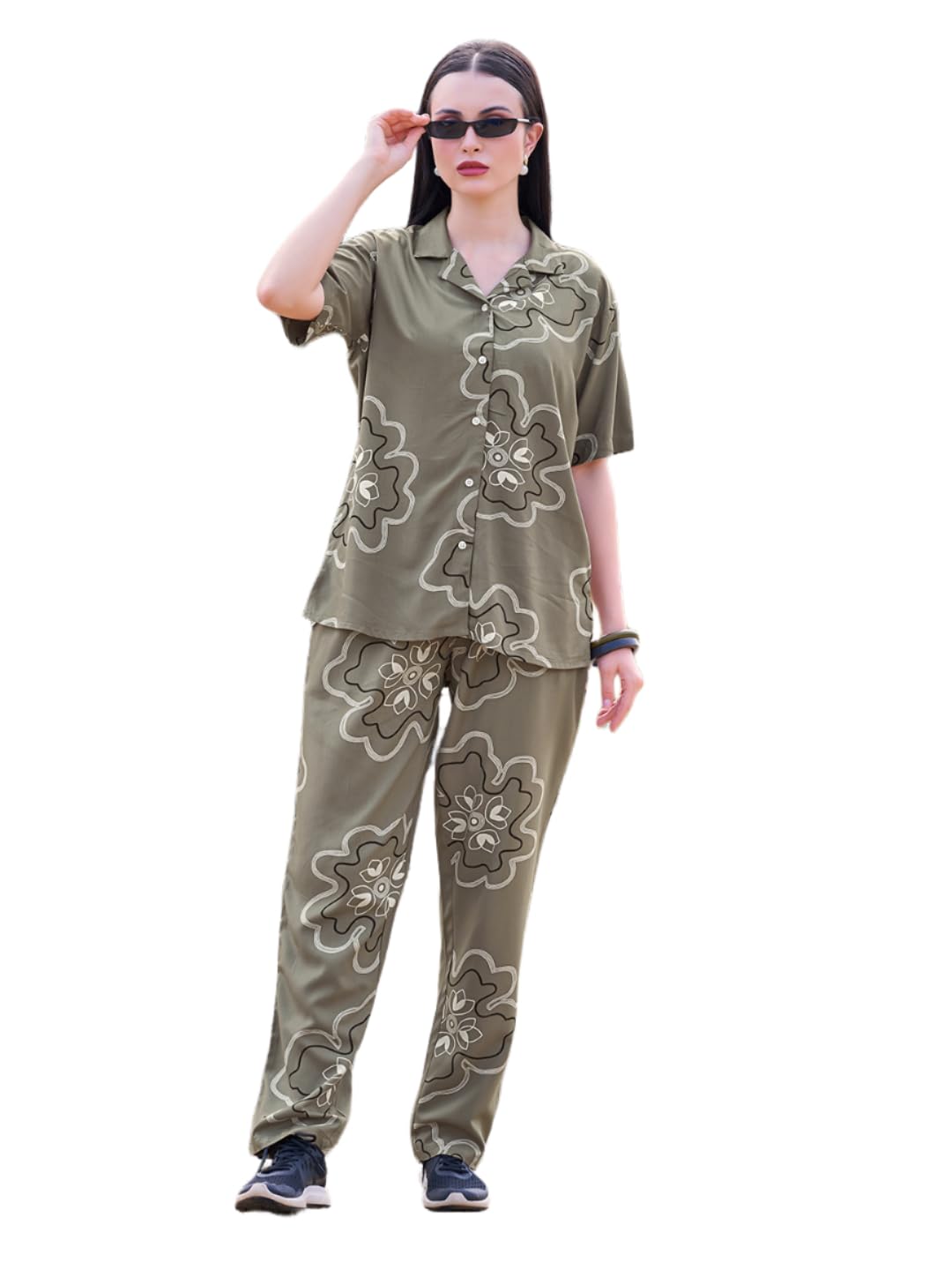 tittli Women Printed Relaxed Fit Rayon Button Down Shirt & Trouser Nightsuit Set | Shirt Collar and Button openable | Two Pockets and Elastic Waist Trouser | L to 3XL-picture-16