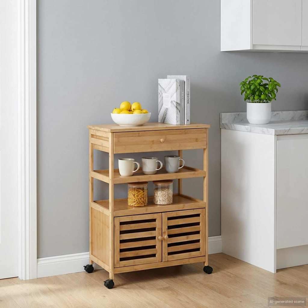 Kitchen Trolley with Wheels Natural Bamboo 23.43 x 14.17 x 32.28 in Durable Rolling Kitchen Cart with Lockable Brakes and Ample Storage for Dining and Food Service