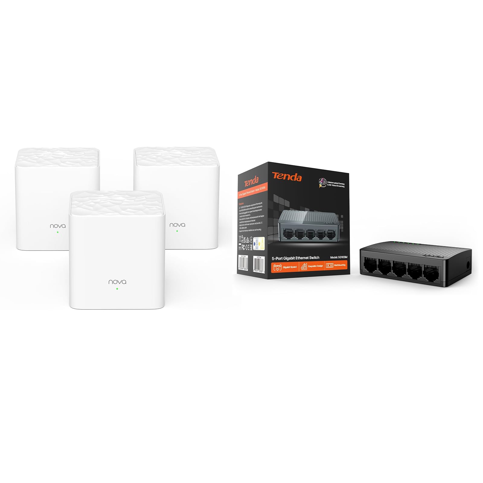 Tenda SG105 5 Port Gigabit Switch & Nova MW3 AC1200 Mesh Wi-Fi System