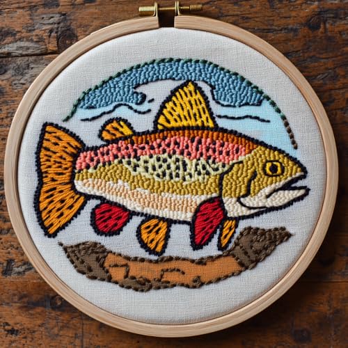 DIY Punch Needle Kits Trout Fish Easy for Beginners Punch Needle Embroidery Set with Hoop Stamped Pattern for Craft Lovers and Home Decor-2