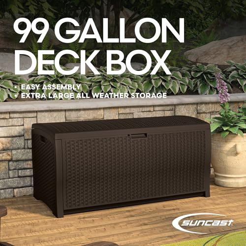 Suncast DBW9200 Mocha Wicker Resin Deck Box, 99-Gallon