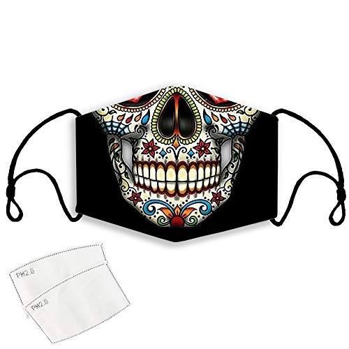 Facial Cover-3 Layers with Adjustable Ear loop and Nose Wire, Balaclava Made of 100% Polyester with Sugar Skull Floral Style, Anti-dust, Washable, Reusable Face Covering with 2 Filters, Black