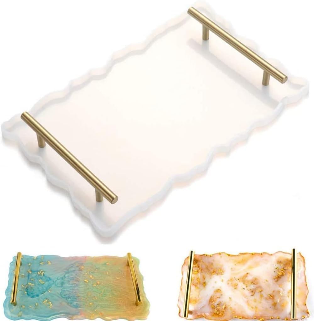 Goodern Silicone Resin Tray Mold,Irregular Epoxy Resin Mold with 2 Metal Handles Easy Demold Silicon Coaster Molds DIY Home Decor-Crafting Serving Board Fruit Tray Eid Mubarak Party Tray Ramadan Gift