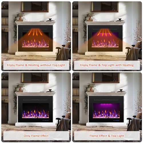 Rodalflame 29.6" W Rear Electric Fireplace Inserts with 3 Flame & Top Light, Recessed Fireplace Heater with Thermostat, 750/1500W, Crackling Sound, Logs & Crystals, Timer, No Wall Mount by RODALFLAME - Image 5